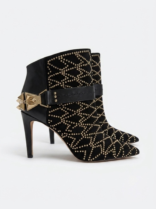 Sam Edelman Shoes - Sam Edelman Black Studded Pointed-Toe Ankle Booties with Gold Accents